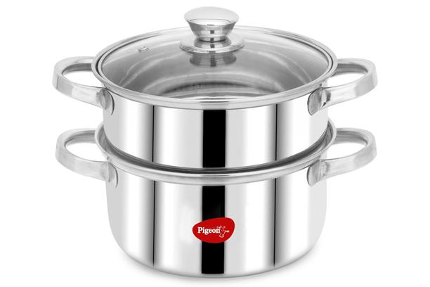 Pigeon By Stovekraft Steel X Steamer Stainless Steel Induction Base, Modak Maker/Momo Maker, Dual Compartment With Glass Lid, 4.6L Capacity, Silver