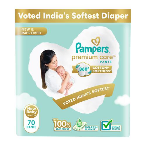 Pampers Premium Care Pant Style Baby Diapers, Newborn/X-Small (NB/XS), 70 Count, 4-6kg, All-in-1 with 360 Cottony Softness Diapers