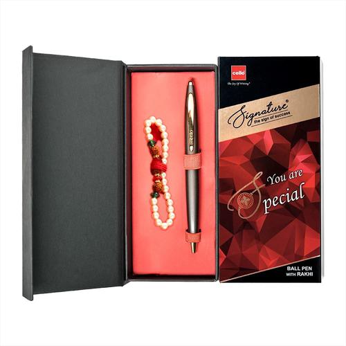 Cello Signature Pen Gift Set | Blue Ink | Pack Of 1 Rakhi & 1 Ball Pen | Premium Metal Pens for Office Use | Corporate Gifting | Stylish Gifts for Brother|Rakhi Set |Rakshabandhan Gifting