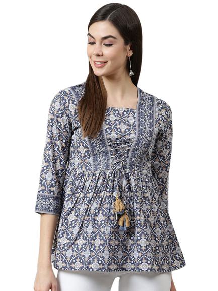 YUVVIK Women’s Navy Blue Cotton Top | Geometric Printed Short Kurti Style Shirt | Stylish for Ladies | Peplum-Inspired Regular Fit Cotton Frock Top