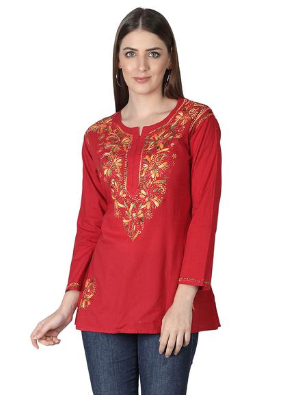 Seva Chikan Hand Embroidered Lucknowi Chikankari Cotton Short Kurti Tunic Top for Women SCL4076