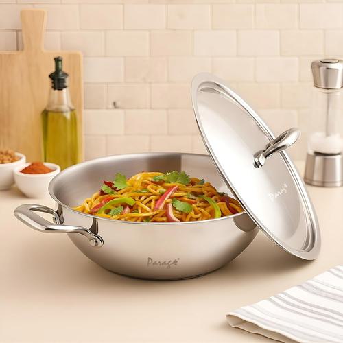 Parage Tripure Triply Stainless Steel Kadai with Lid 24cm, 2.6 LTR | Heavy Bottom Steel SAS Triply Kadhai for Deep Frying Cooking | Induction Base & Gas Stove Compatible Cookware (5 Years Warranty)