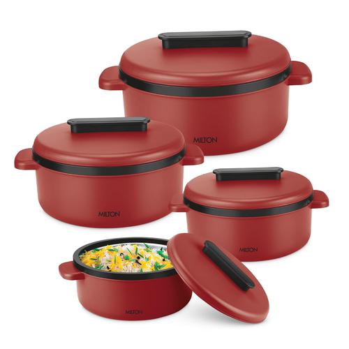 Milton Micronova Gift Set Inner Stainless Steel Casserole, Set of 4 (380 ml, 775 ml, 1345 ml, 1950 ml), Red, BPA Free, Food Grade, Hot and Cold, Microwaverable Steel, Dishwasher Safe, Chapati, Roti