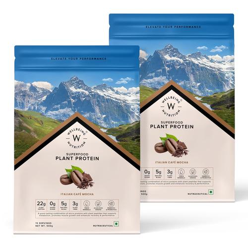 Wellbeing Nutrition Organic Vegan Plant Protein Isolate Powder | 22G Protein, 5G Bcaa European Pea & Brown Rice Protein| Italian Cafe Mocha – 500gm :pack of 2 1000gm