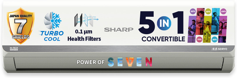 Sharp 2025 Model 5 In 1 Convertible 1.5 Ton 5 Star Split Inverter 7 Stage Health Filters,Turbo Cool Technology,Anticorrosive Gold Fin Ac  – White(Ah-Si18V5B-Gc, Copper Condenser)