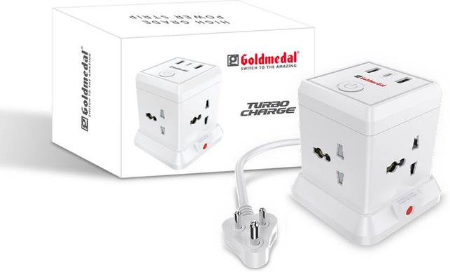 Goldmedal Turbocharge 4+3 Power Strip 4  Socket Extension Boards  (White, 2 m, With USB Port)