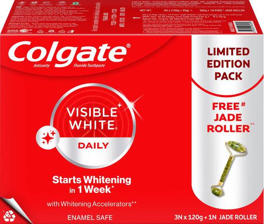Colgate Visible White Teeth Whitening Toothpaste, 360g, 120g X 3 and Jade Roller Toothpaste  (360 g, Pack of 4)