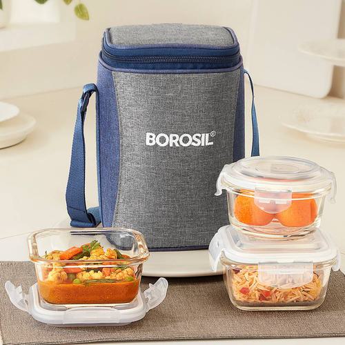 BOROSIL Alora Borosilicate Glass Lunchbox, 3pc Set (320ml x 2 + 240ml x 1) Office Tiffin 3 Containers Lunch Box  (880 ml)