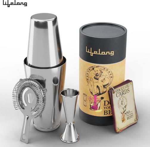 Lifelong Cocktail Shaker Set of 5 | Bar Shaker with Strainer and Japanese Jigger Bar Set  (Stainless Steel)