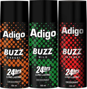 adigo Buzz Wild| Casual | Intense 24hrs Long Lasting Deodorant | 165ml Each Deodorant Spray  –  For Men  (165 ml, Pack of 3)