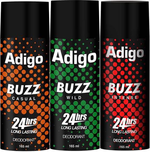 adigo Buzz Wild| Casual | Intense 24hrs Long Lasting Deodorant | 165ml Each Deodorant Spray  –  For Men  (165 ml, Pack of 3)