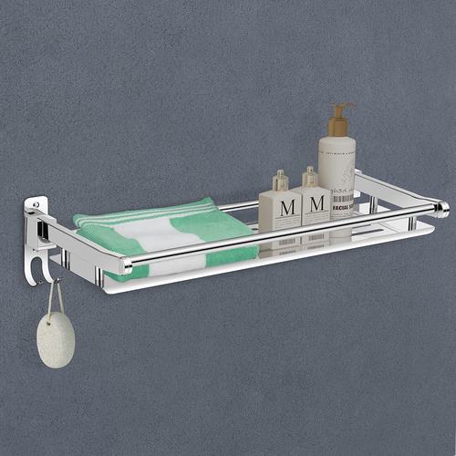 Primax Elegant Stainless Steel Multipurpose Folding Bathroom Shelf/Towel Rack with Towel Hooks/Bathroom Accessories – Wall Mount (Chrome)